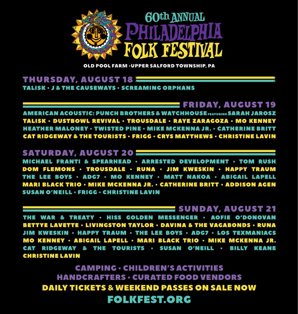 PHILADELPHIA FOLK FESTIVAL Shares Daily Artist Lineup for 60th Anniversary Event