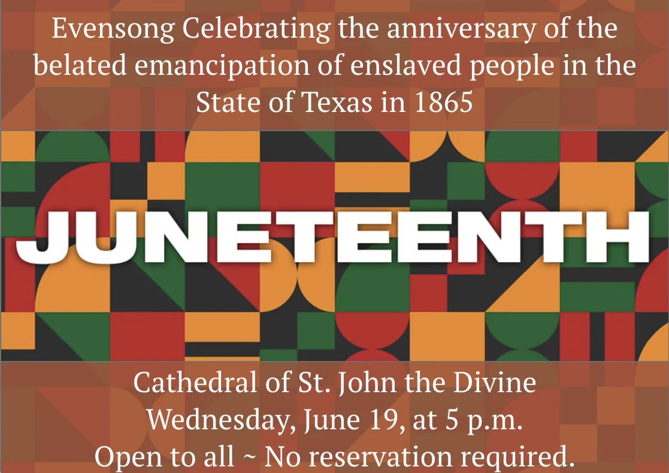 Juneteenth Evensong Service Wednesday, June 19th 5PM at The Cathedral of St. John The Divine