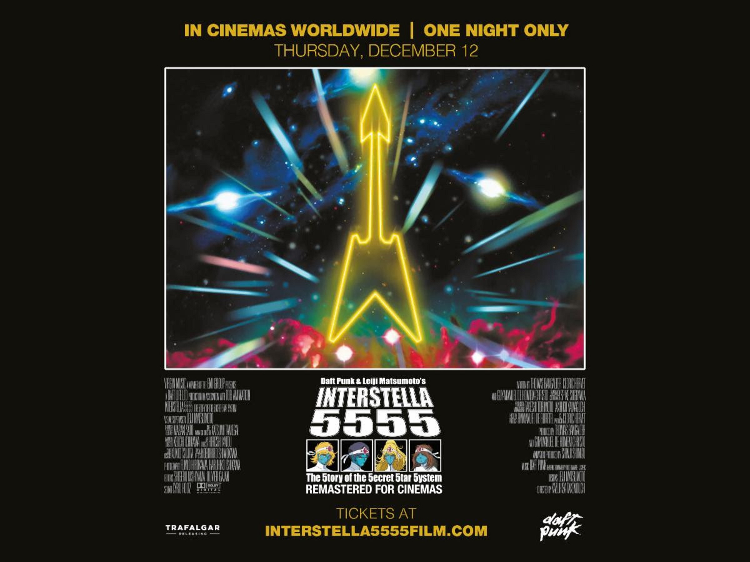 DAFT PUNK & LEIJI MATSUMOTO’S  INTERSTELLA 5555: THE 5TORY OF THE 5ECRET 5TAR 5YSTEM TO BE SCREENED IN CINEMAS GLOBALLY FOR ONE NIGHT ONLY ON DECEMBER 12, 2024