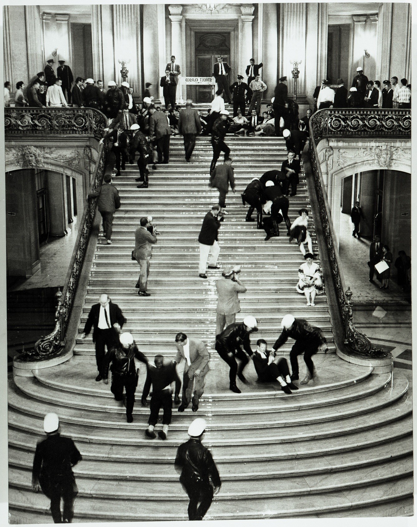  SF Police charge free speech demonstrators at City Hall, 1960. Photo courtesy of San Francisco Public Library